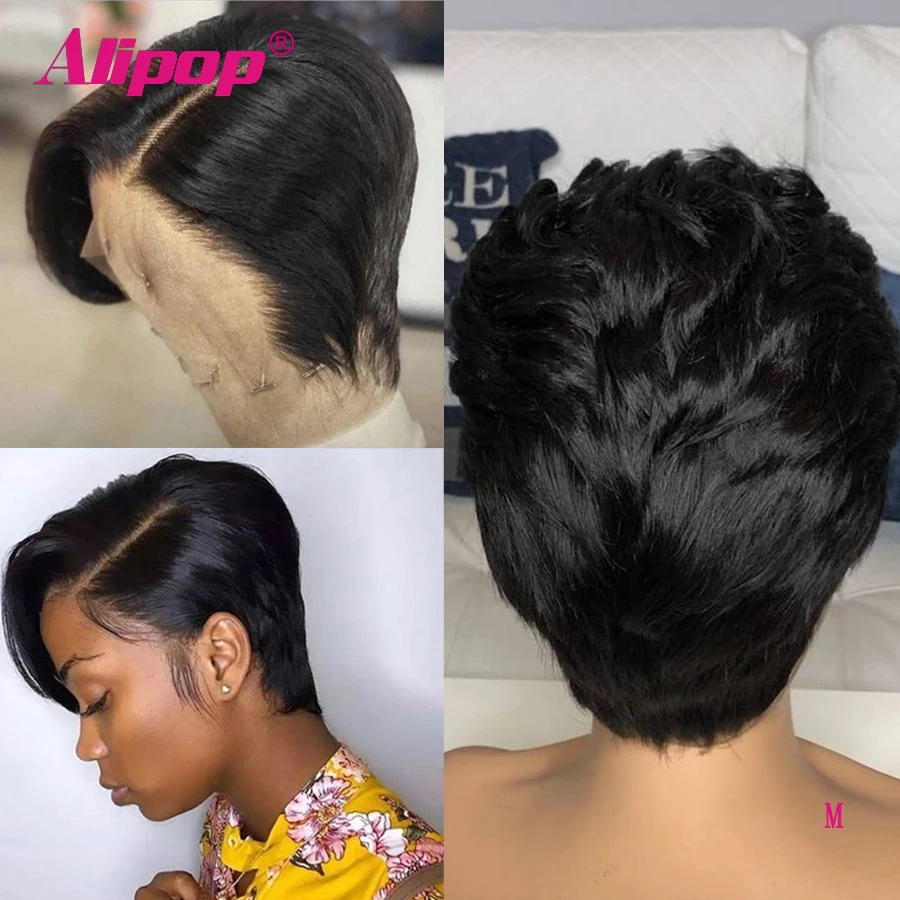 

Alipop 13x4 Short Lace Front Wigs Pixie Cut Wig Natural Black Color Brazilian Straight Remy Hair 150% Density Lace Front Human H