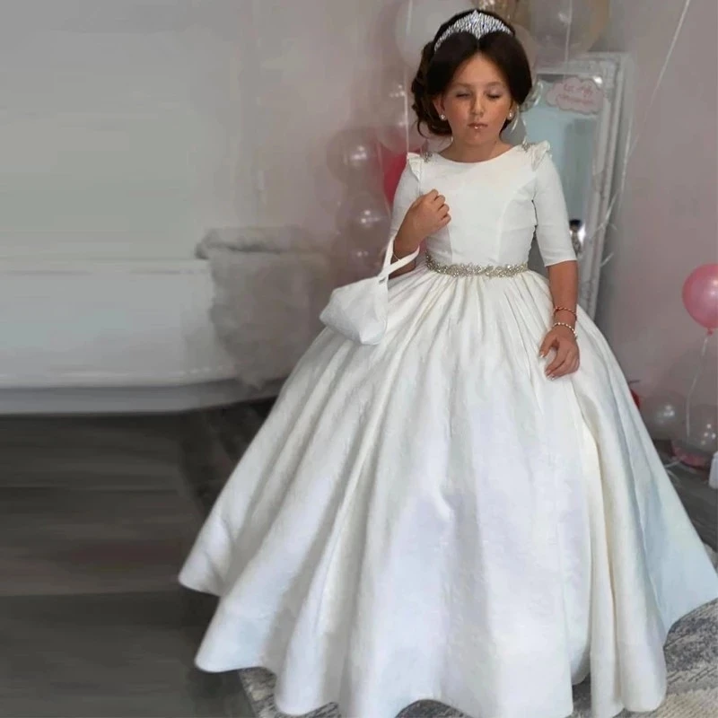 White Stain Flower Girl Dresses O Neck Hollow Back Lace up Back Sash Beads Kids Birthday Party Gowns First Communion Kids Dress