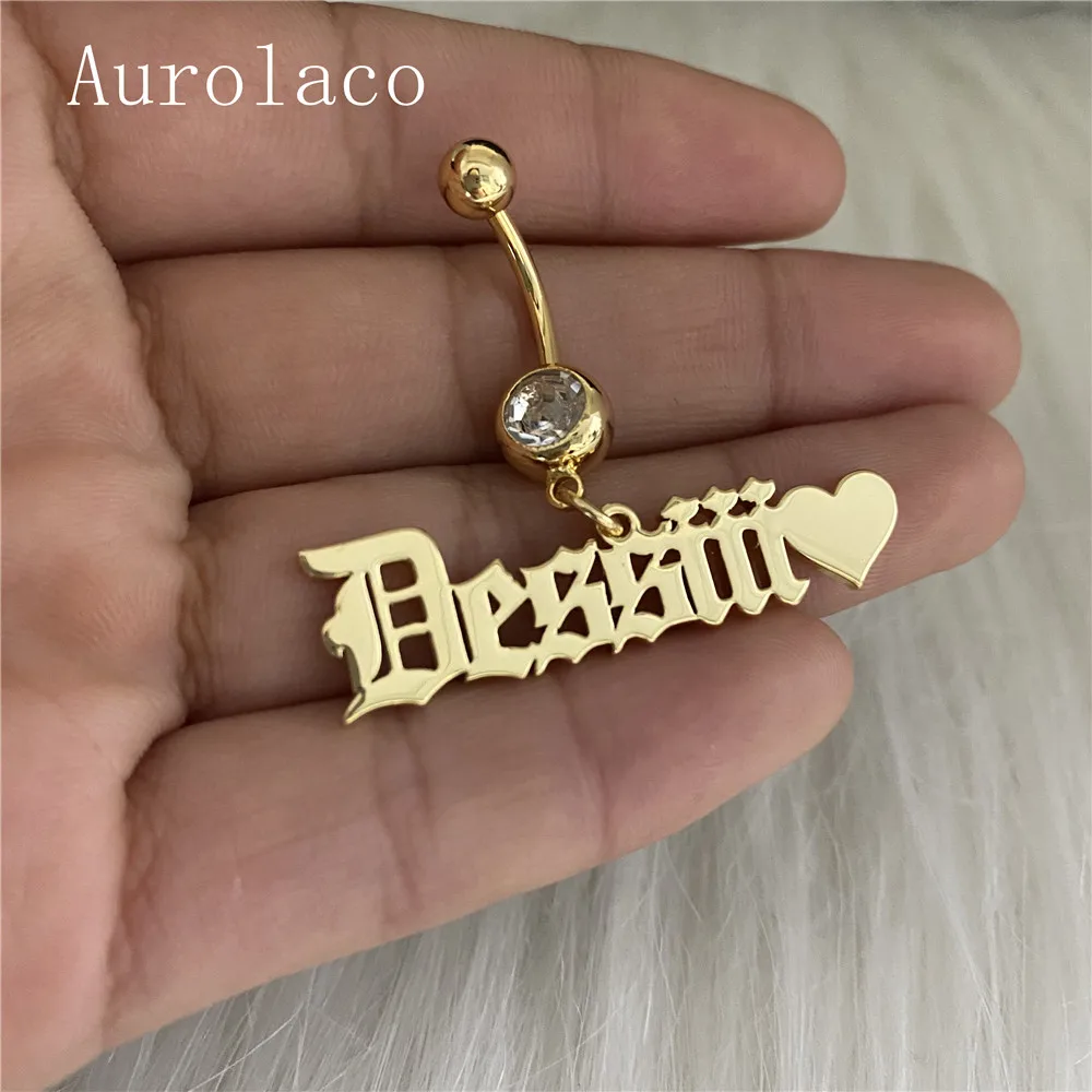 

AurolaCo Fashion Custom Name Belly Ring Stainless Steel Custom Body Jewelry Zircon Belly Ring Gold Color Gift for Women