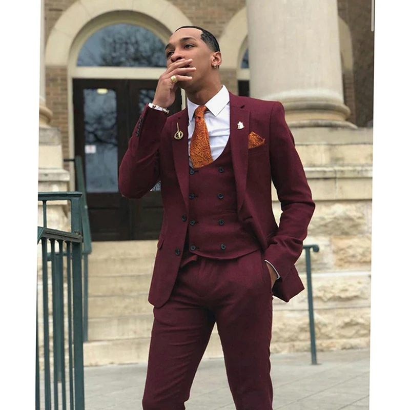 Burgundy Slim Fit Mens Prom Suits Notched Lapel Wedding Suits For Men Tuxedos Three Pieces Blazers Jacket Pants And Vest Terno