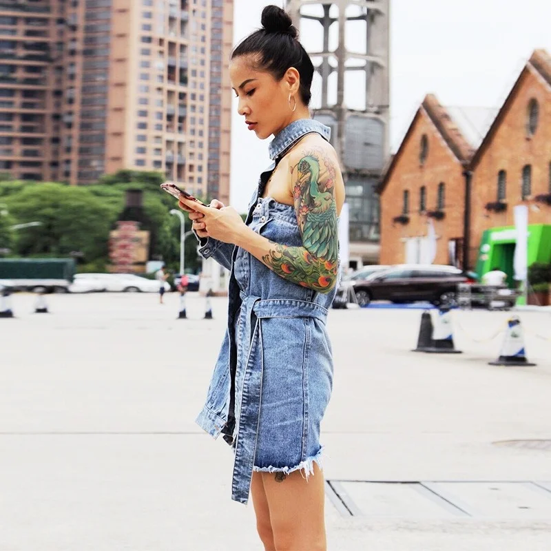 One Personality Side Is Long Sleeves And One Side Is Sleeveless Women Denim Dresses Asymmetrical Off the Shoulder Jeans Dresses