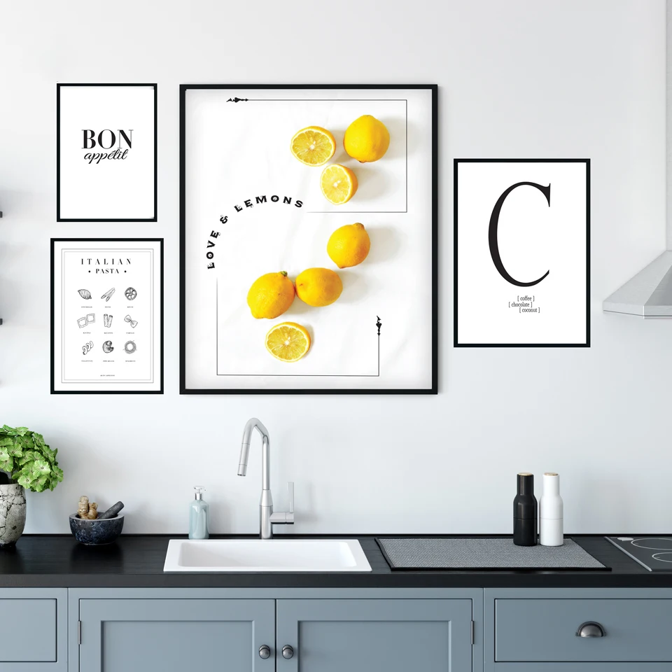 Minimalismo arte limões bon appetit macarrão pintura em tela cartazes e impressões fotos de arte parede para cozinha sala nordic decoração casa