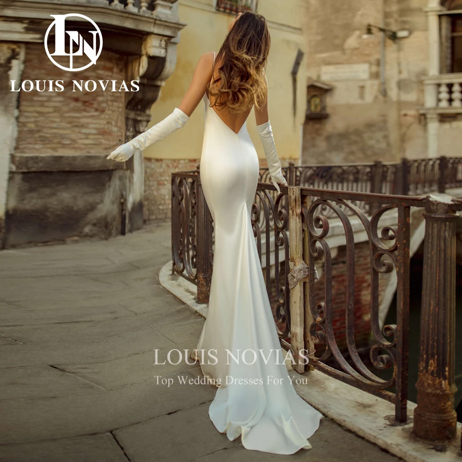 LOUIS NOVIAS Mermaid Wedding Dress Sexy Simple Backless Bridal Gown Spaghetti Straps Satin V-Neck Bride Dresses Vestido De Novia