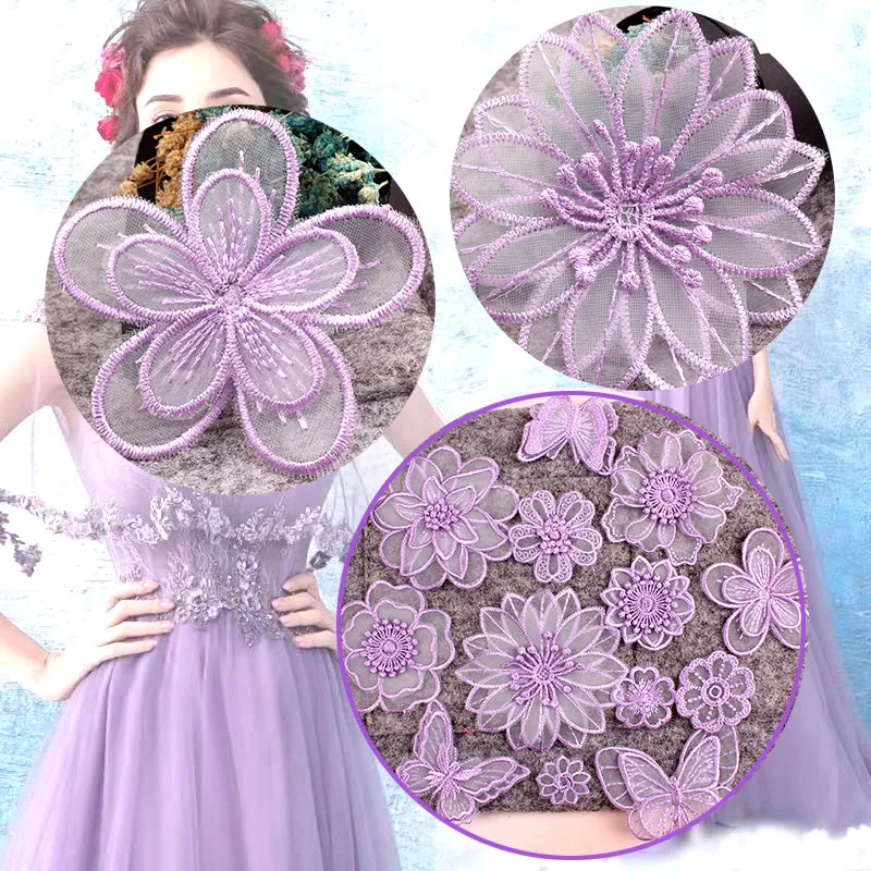 Thermo Adhesive Purple Lace Flower Butterfly Embroidery Patches for Clohting Dress Sew Iron on Clohtes Appliques Stripes Sticker