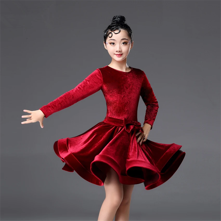 Girls Dresses Long Sleeve Latin Dance Dress Velvet Ballroom Competition Party Stage Performance Dress Dance Practice Costumes