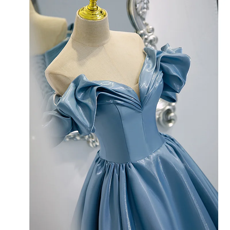 Blue French Style Formal Prom Dresses Strapless Sleeveless Bow Ruched Slim Party Gowns A-Line  Floor-Length Graceful Dresses