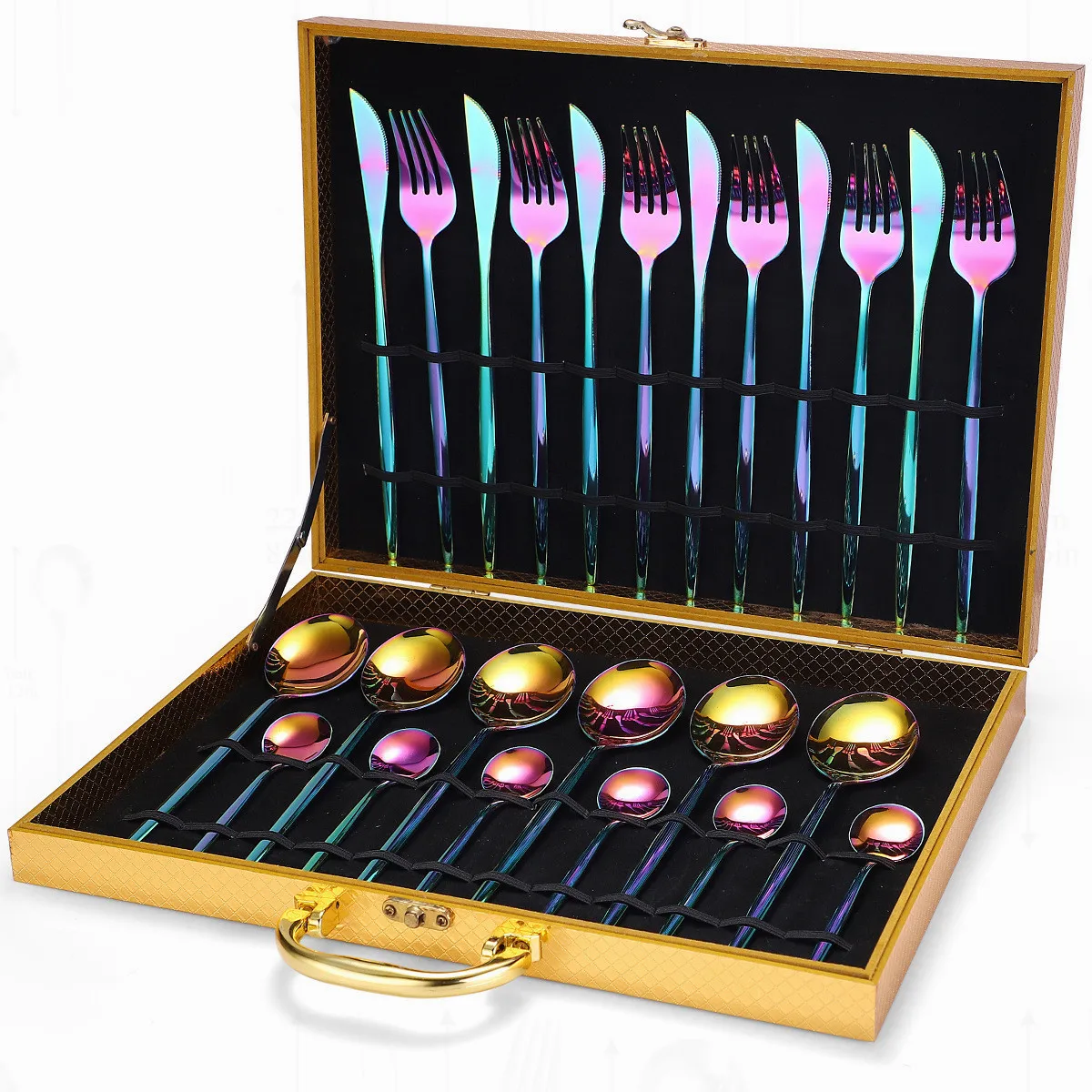 

Rainbow Tableware Sets Stainless Steel Cutlery Complete Fork Spoon Knife 24 Pieces Golden Cutlery Dinner Set Box Eco Friendly