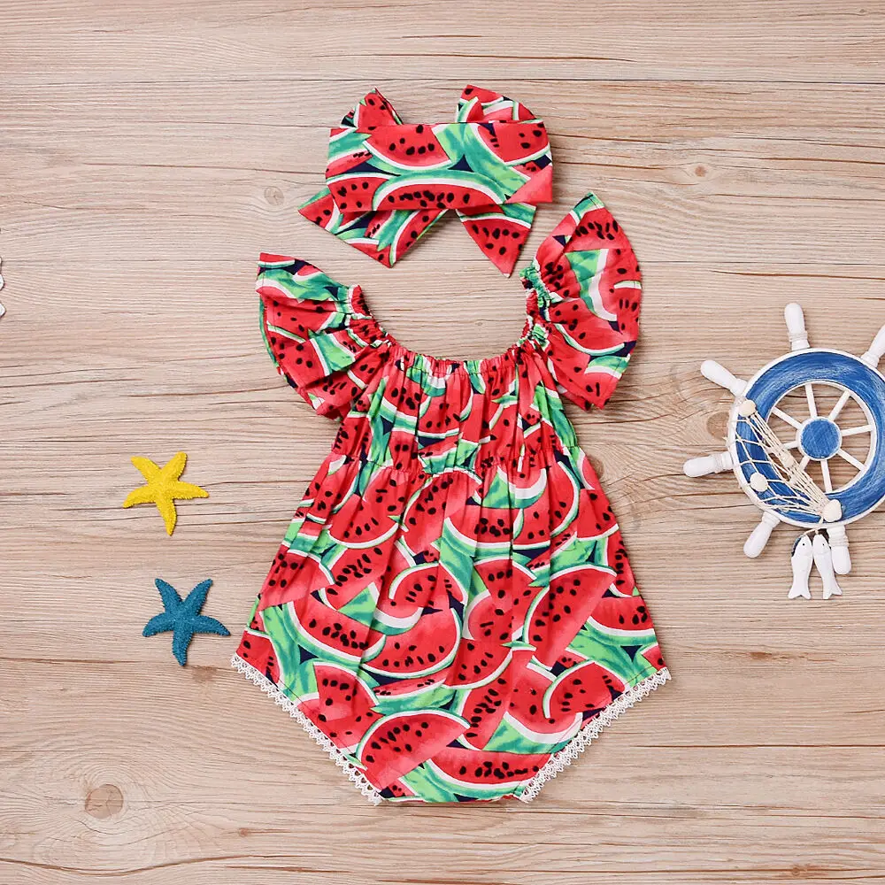 0-24M Newborn Baby Girls Clothes Watermelon Print Romper Jumpsuit +Headband Tollder Outfits Girls Clothes Infant Summer Sunsuit