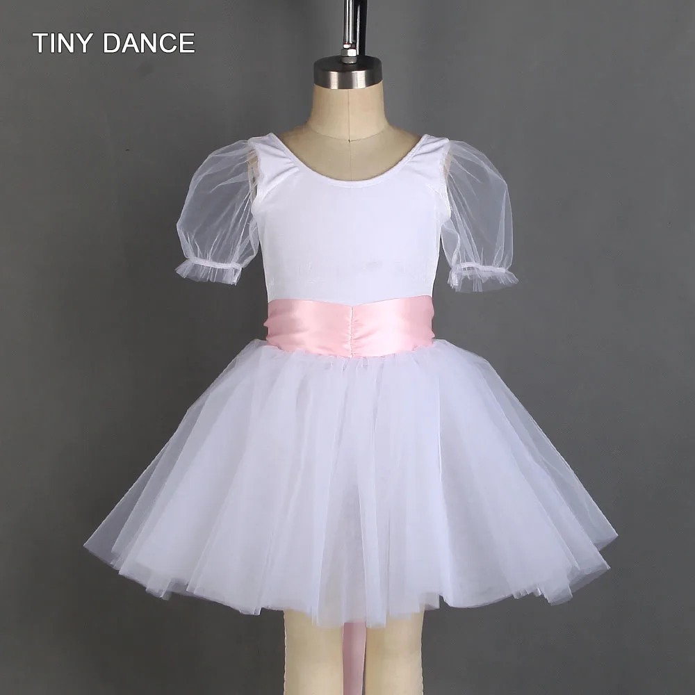 

Puff Sleeves White Ballet Dance Tutu Leotard Bow Dress with Pink/Green Ribbon Trim in the Wasit Girls Dance Costumes 20526