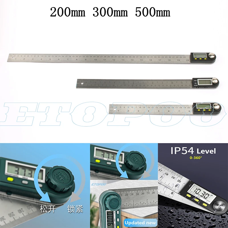 0-200/300/500mm 8/12/20inch Digital protractor Angle ruler angle Finder Meter Stainless Steel 360 degree goniometer inclinometer