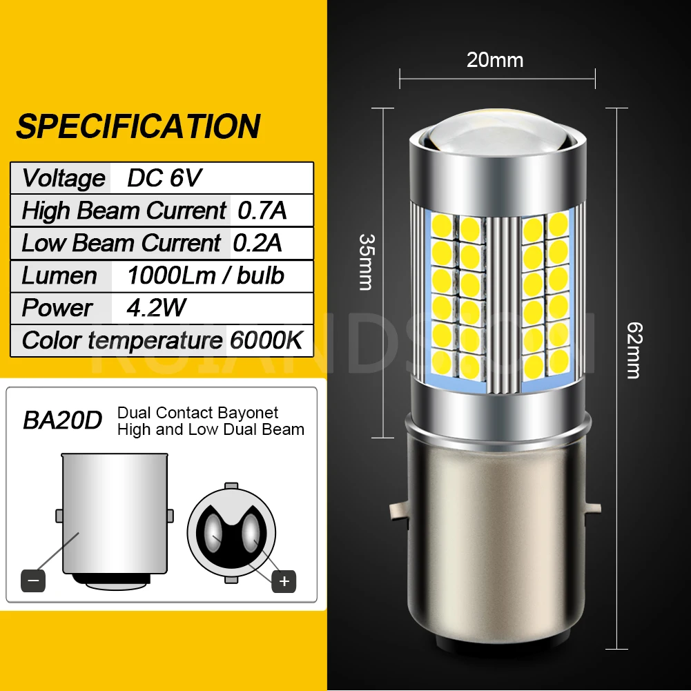 1Pcs BA20D LED Sam\'sung 3030SMD 66LEDS Motorcycle Moped Scooter Motorbike Headlight Lamp Bulb DC 6V 12V 24V 6000K White 1000LM