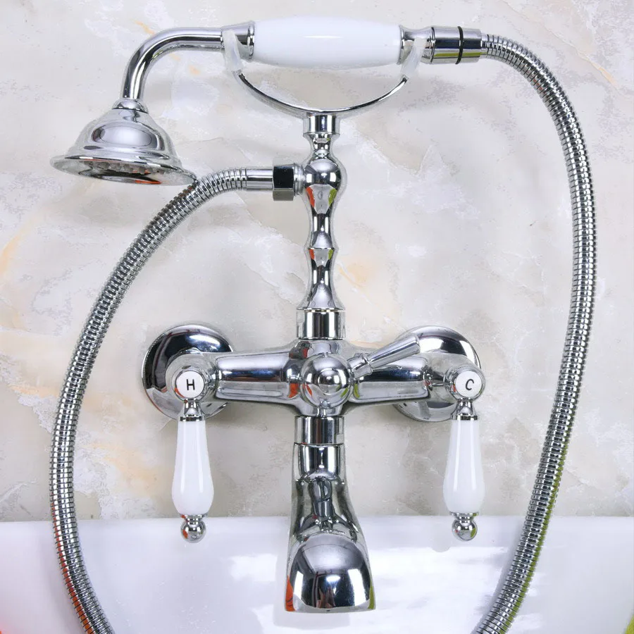 Bathtub Faucets Chrome Wall Mounted Bathtub Mixer Faucet Double Handle Tub Water Taps With Ceramic Handshower zna203