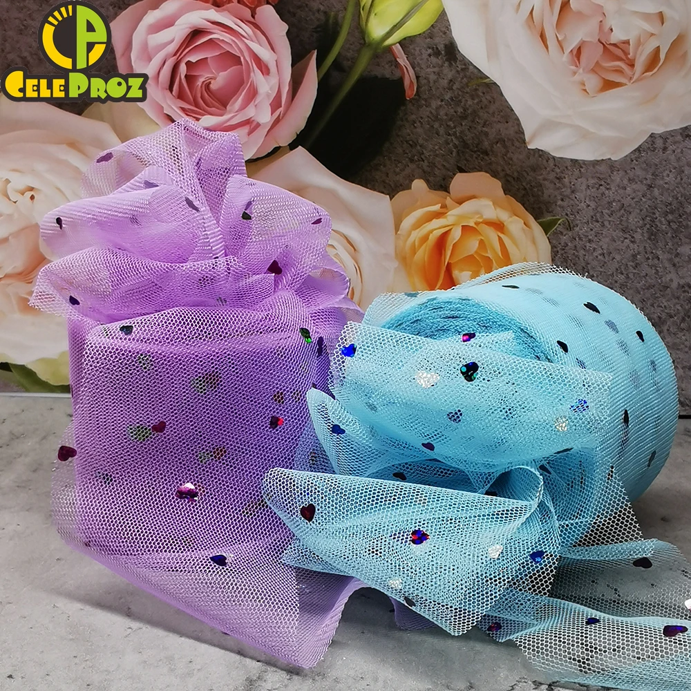 6cm 25yards Heart Sequin Tulle Fabric Roll Valentine Mesh Ribbon DIY Tutu Headbands Clips Organza Wedding Birthday Decoration