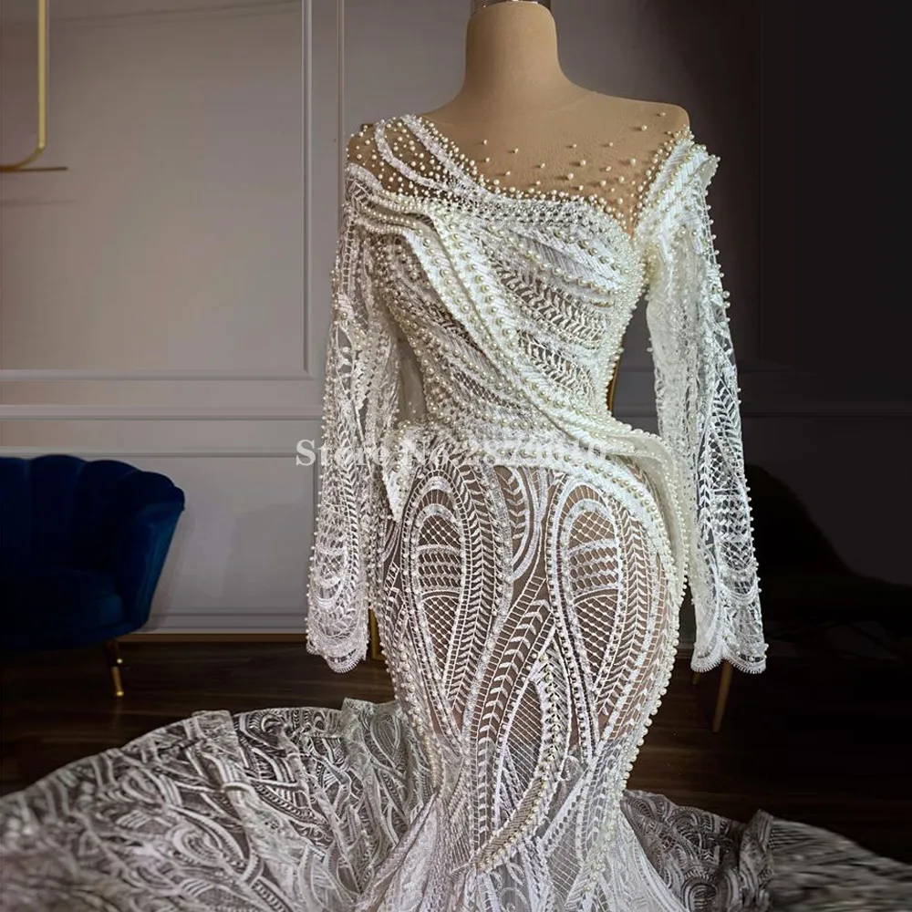 Vestidos de novia árabes de ilusión para mujer, vestido de novia hasta el suelo con cuentas de sirena y perlas, vestido de encaje musulmán, vestido de novia 2020