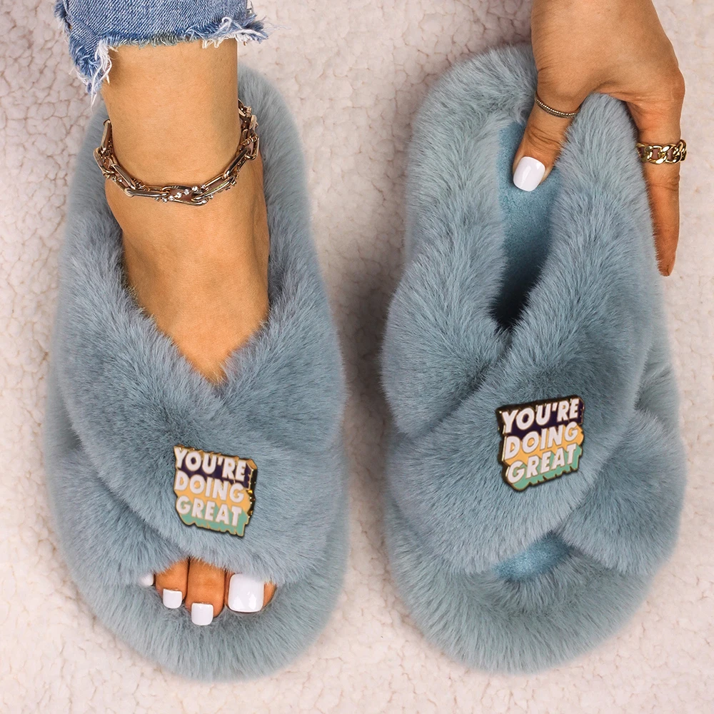 Fashion Slippers Ladies Faux Fur Slides Letter Decor Fluffy Flip Flop Platform Fur Sandals Furry Slippers Casual Shoes For Women
