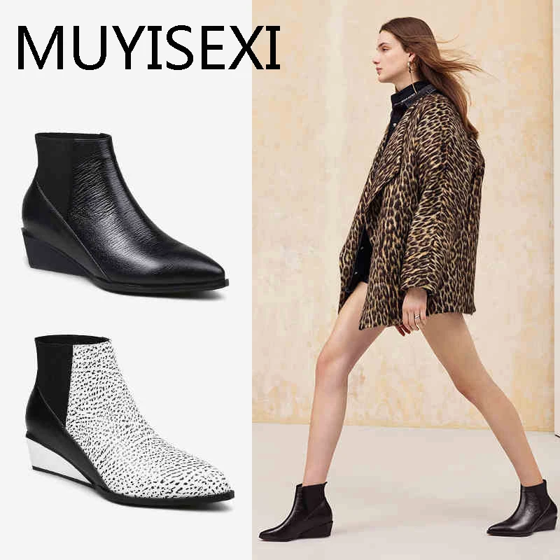 

Ankle Boots Chelsea Autumn Boots For Women Genuine Leather Pointed Toe Wedge Heels Shoes Women plus size HL116 MUYISEXI