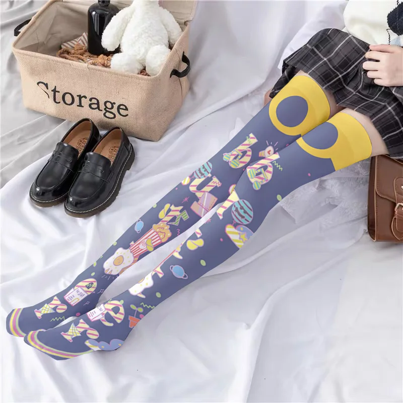 New Unicorn Print Women Stockings Fashion Sexy High Tube Cute Girls Over The Knee Stockings Pink Cartoon Nylon Silk Long Socks