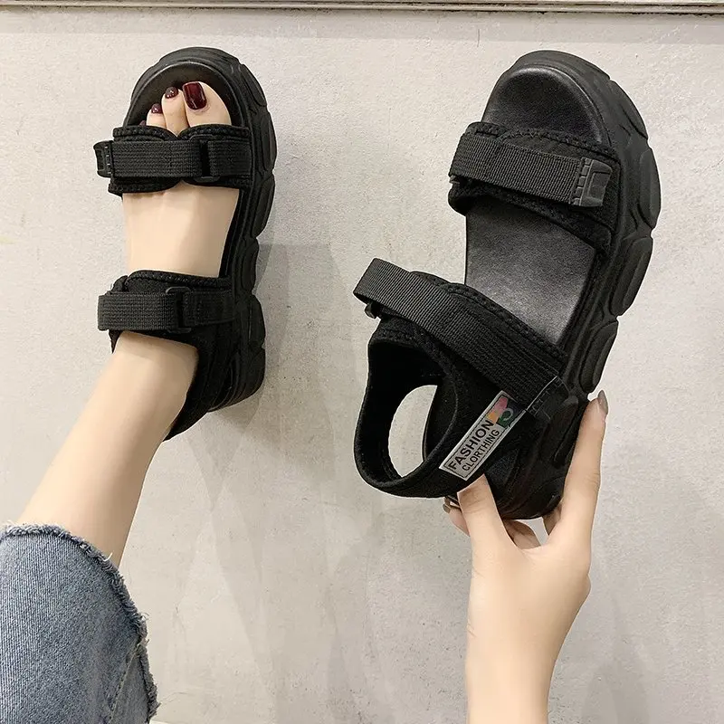 Women's Summer Sandals New Thick Soled Fashion Shoes 2021 New Fashion Sandals 3.5cm Heel Hook Ring Non Slip Black