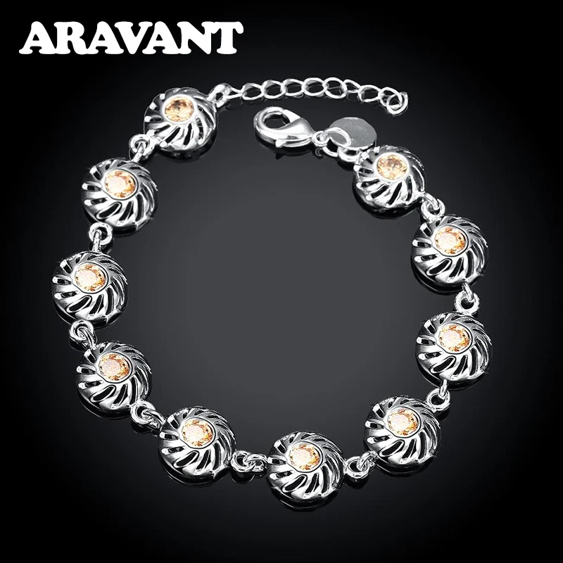 Aravant 925 Silver Hollow Round Charm Bracelets For Women Wedding Jewelry Accessories
