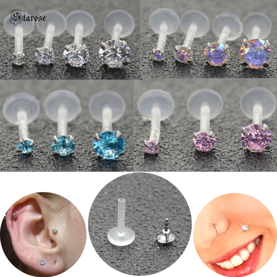 Starose-Piercing acrílico para la nariz, Piercing de circonita para labio, joya para oreja, hélice, Tragus, 2 unidades, 1,2x6/8mm