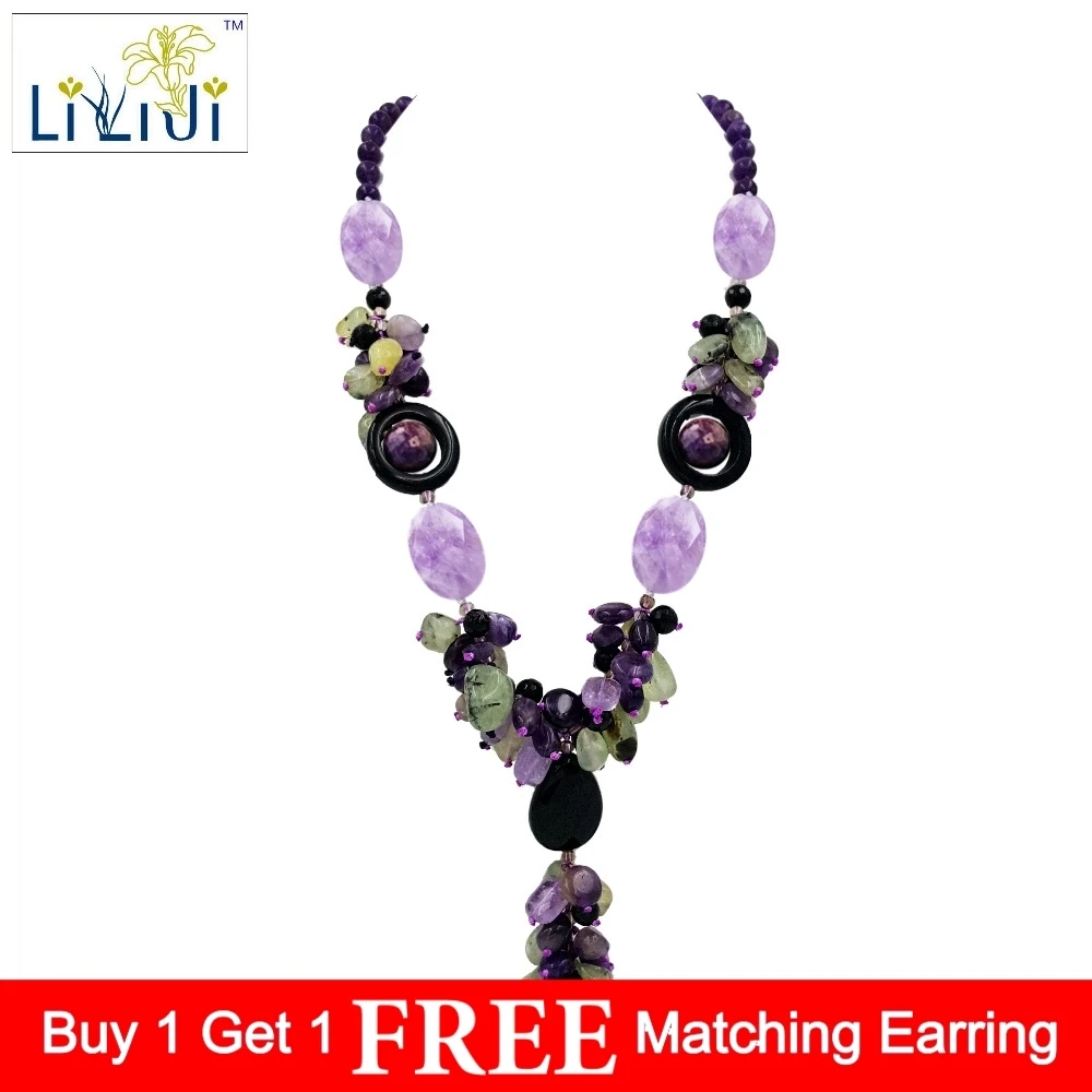 

Natural Stone Amethysts,Prehnites,Black Agatess with jades Toggle Clasp Necklace Fashion Women Jewelry