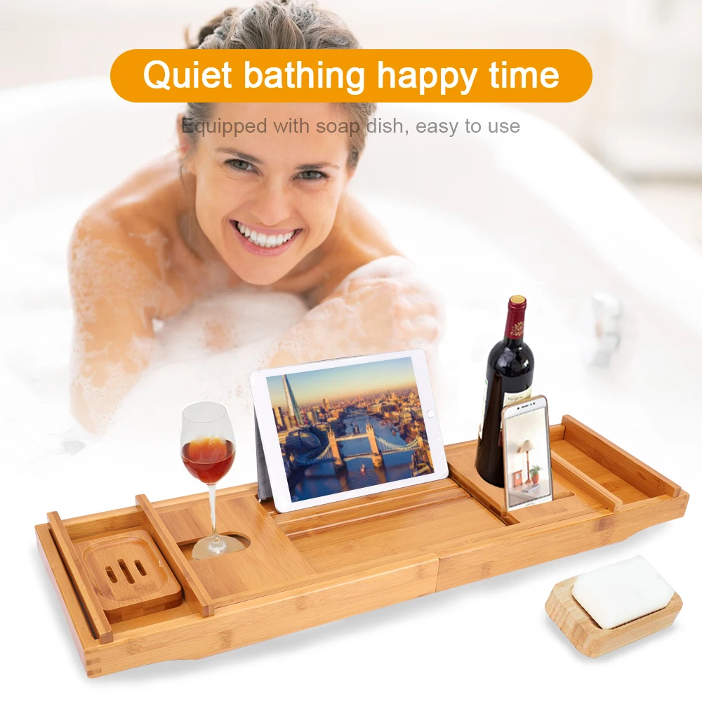 Bath Caddy Tray for Bathtub - Bamboo Adjustable Organizer Tray for Bathroom with Free Soap Dish Suitable for Luxury Spa or Readi