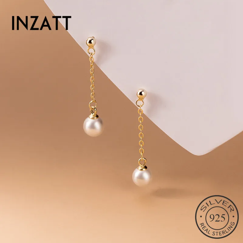 INZATT Real 925 Sterling Silver Geometric Round Pearl Stud Earrings For Fashion Women Fine Jewelry Chain Tassel Accessories