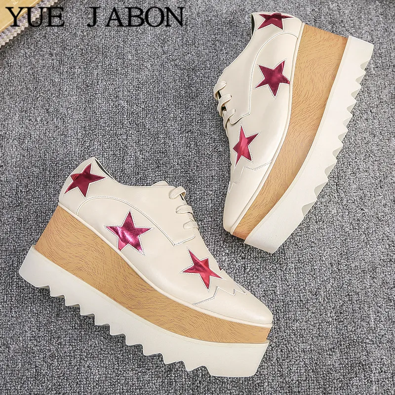 New Spring Autumn Star Shoes Real Leather White Platform Shoes Lace-Up High-Heel Square Toe Wedges Thick Sole Women Casual Shoes