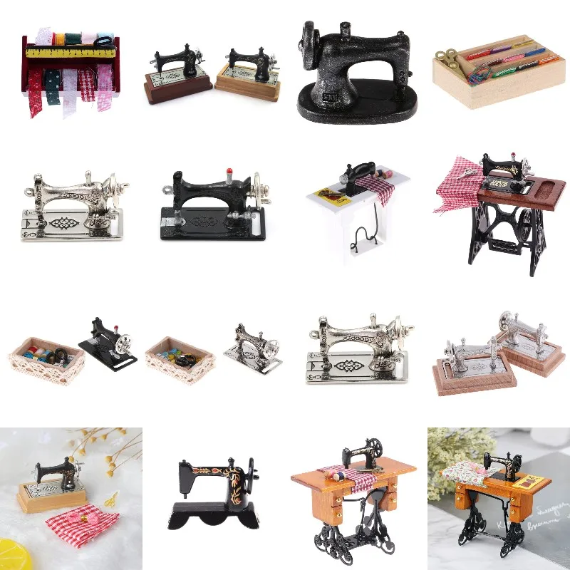 1:12 Mini Sewing Machine Sewing Kit Scissors Simulation Home Furniture for Doll House Decoration Dollhouse Miniature Accessories