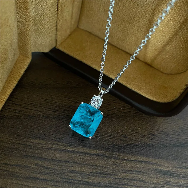 CC Created Topaz Necklace for Women Silver Color Blue Gemstone Fashion Accessories Luxury Party Fine Jewelry Gift CCN751