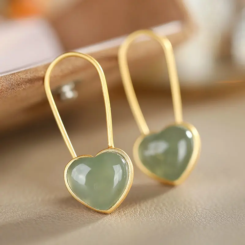 New silver inlaid natural Hetian jade heart-shaped ear hooks Chinese retro romantic small fresh fairy cute women's brand jewelry