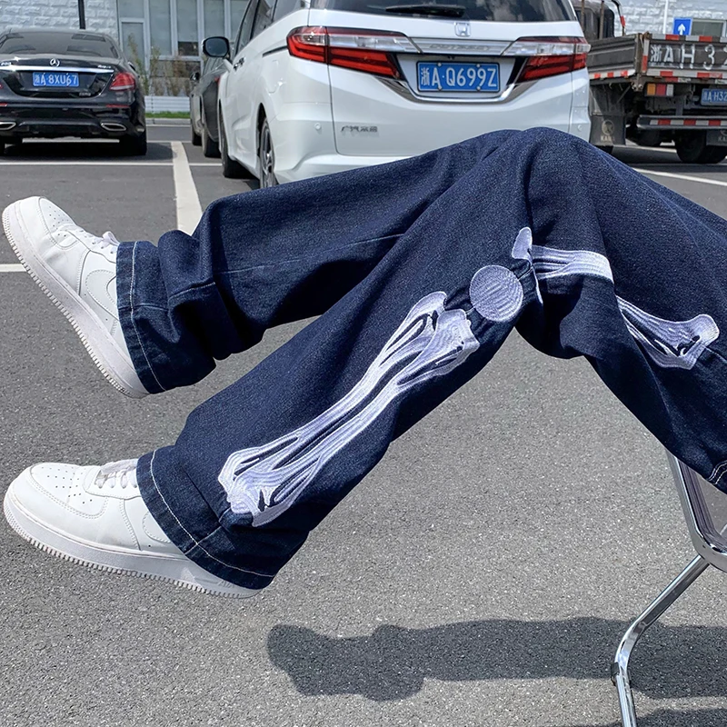 Jeans Men Skeleton Baggy Casual Jean Pants Mens Japan Style Streetwear Wide Leg Denim Trousers Male Vintage Blue Denim Pants