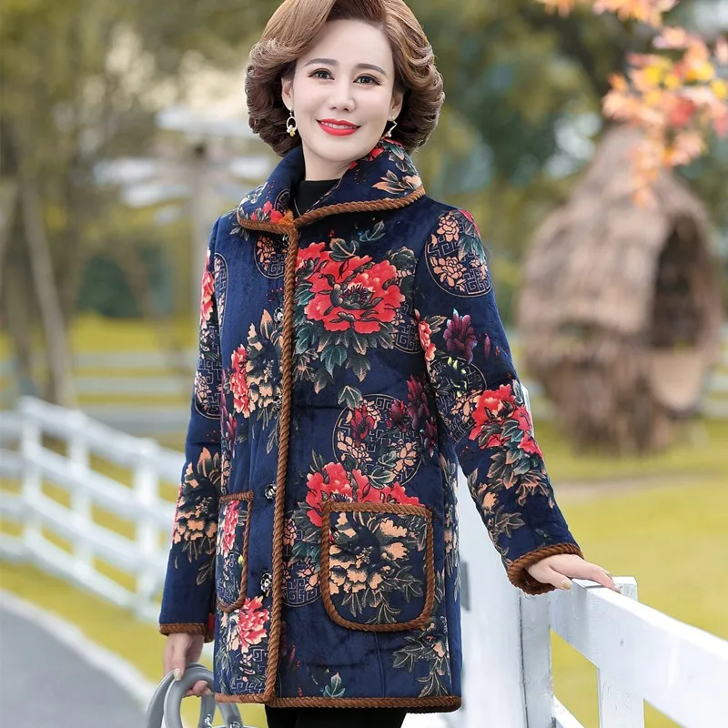 Women Plus Velvet Thicken Parker Coat Fashion Printi Mother Wear Warm Quilted Jacket New Elegant Winter Jacket Outewear Female