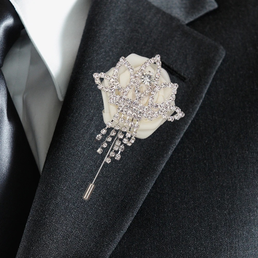 Wedding Ivory Flowers Groom Groomsmen Boutonniere Prom Men Suit Lapel Pin Silk Ribbon Party Silver Tassels Diamond Brooch XH180