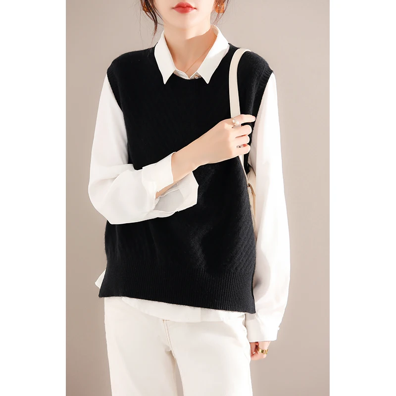 2024 Women\'s Spring 100% Wool Knitted Vest Both Sides Split Loose Sweater Waistcoat Autumn Female O-Neck Pullover Sleeveless Top