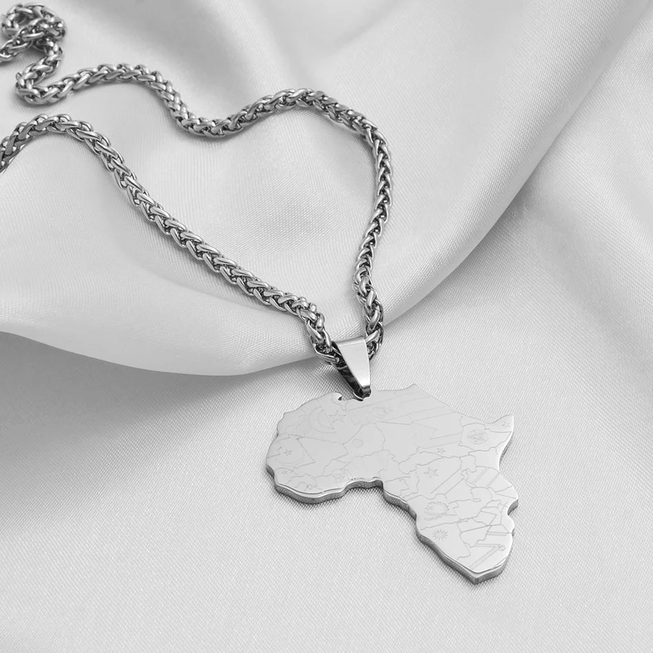 Anniyo Silver Color Stainless Steel Polishing Africa Map Flag Pendant Chain Necklaces African Maps Jewelry for Women Men #126121