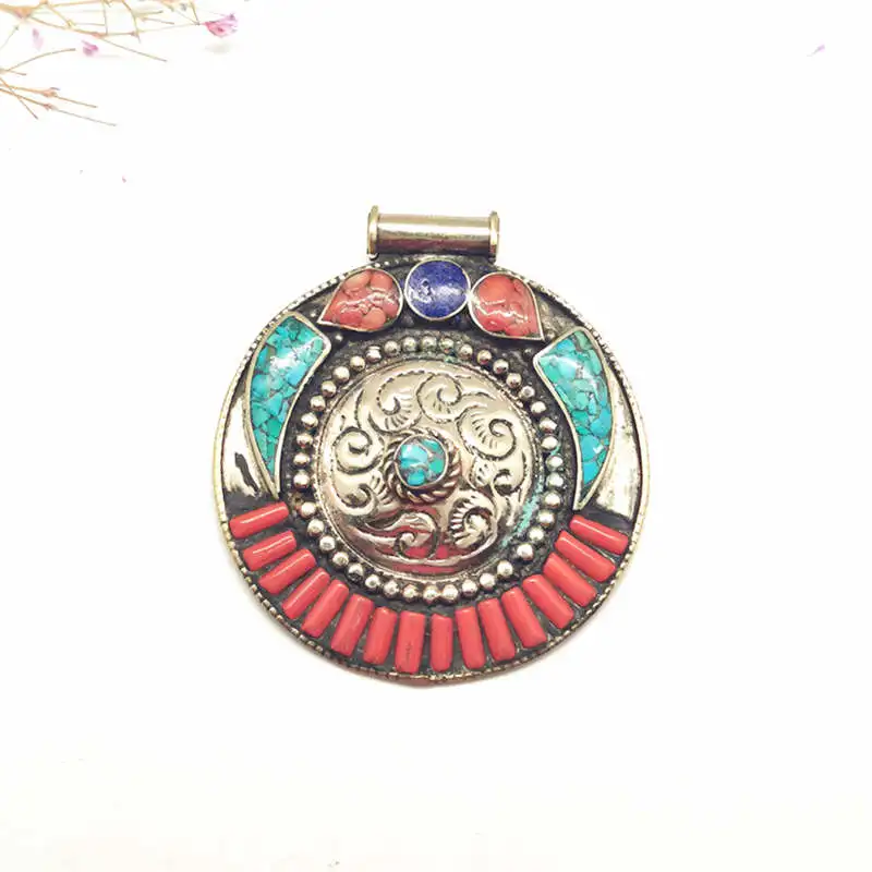 TBP758 Tibetan Jewelry Nepal Vintage Pendant Copper Inlay Colorful Stone Big Round Pendants