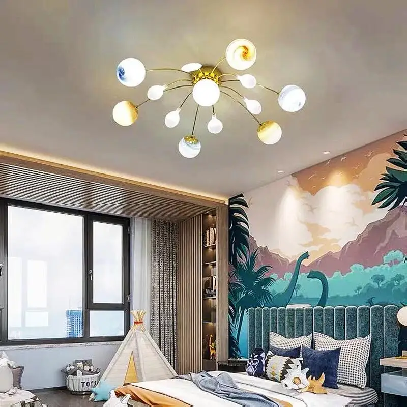 Nordic LED Planet Lampshade Chandelier Children Girl Boy Kids Room Bedroom Indoor Lighting Home Ceiling Glass Ball Chandelier