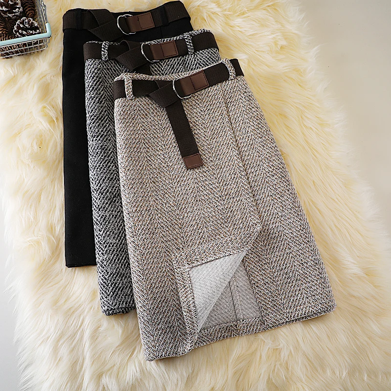 Tweed Woolen Skirt for Women Autumn Winter 2023 New Korean Fashion Black Gray Chic Knee Length High Waist Skirts With Belt