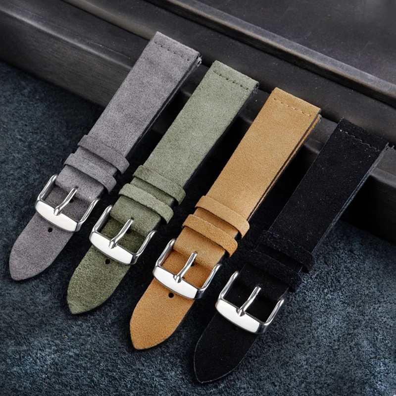 Genuine Leather Suede Watch Strap Retro Watchband 16mm 18mm 20mm 22mm Gray Black Brown Army Green Watch Accessories