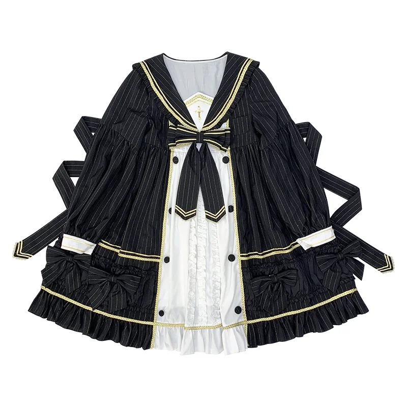 Robe Lolita japonaise à manches longues pour fête thé, col de poupée en cœur, uniforme gothique foncé jk, robe rétro de marin cosplay loli