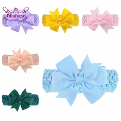 Nishine 10pcs/lot 8 CM Solid Color Dovetail Bowknot Headband Baby Girls Crochet Elastic Hair Bands Toddler Clothing Accessories