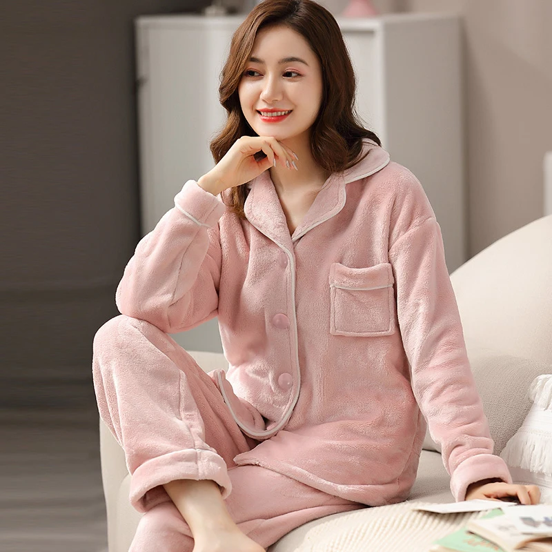 Winter Flannel Pajamas for Women PJ Full Sleeves Warm Pijama Femme Thicken Sleepwear Ladies White Coral Fleece Pyjama Loung Wear