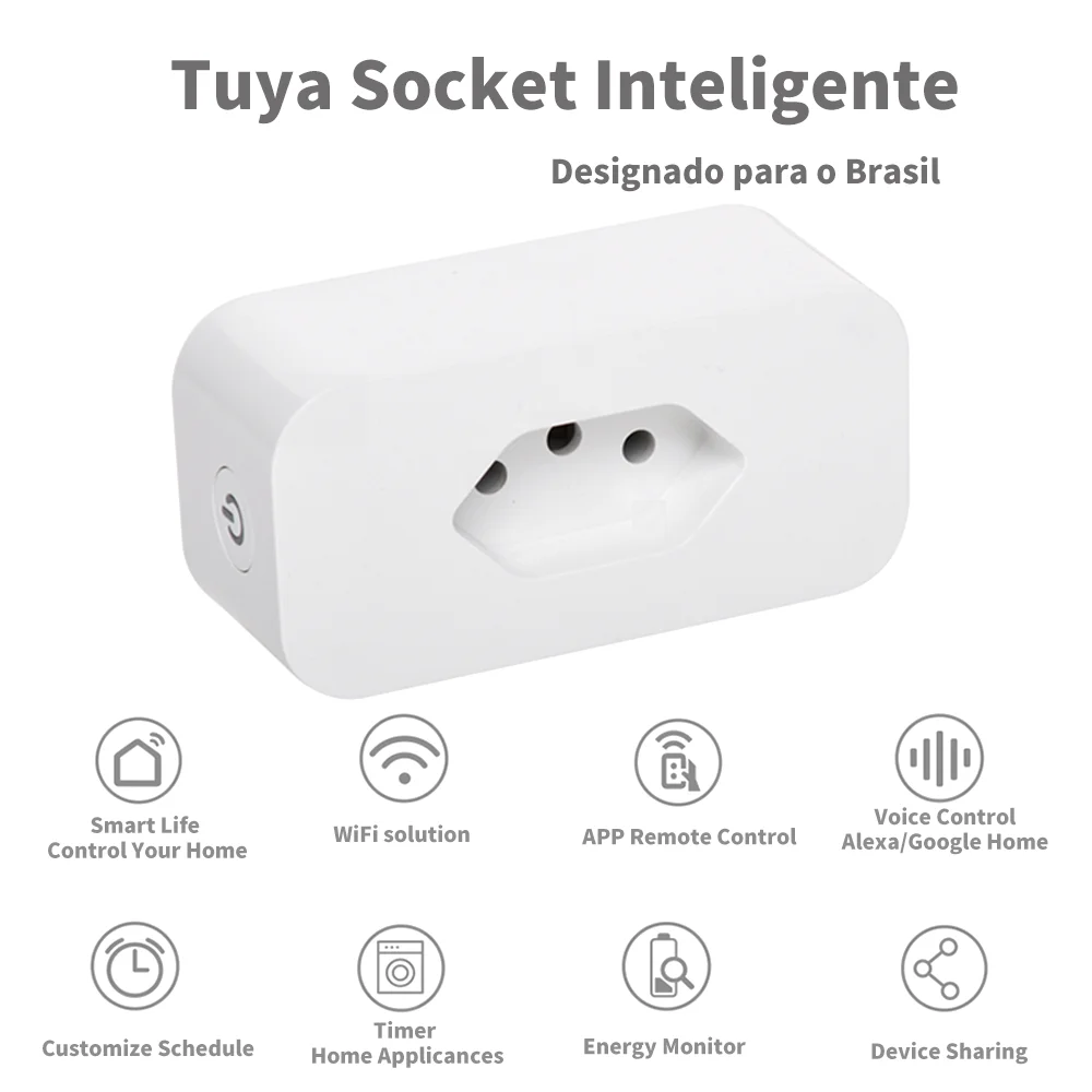 Tuya 16A Brazil Standard WiFi Smart Plug with Power Monitor, Smart Life APP Smart Socket Voice Work for Google Home Alexa