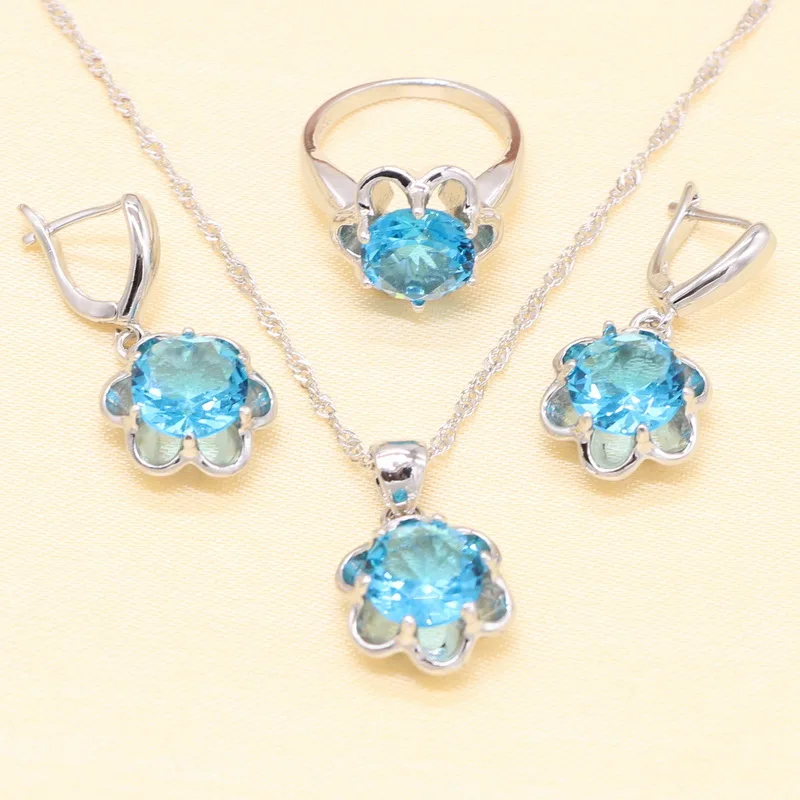 XUTAAYI  Silver Jewelry Sets For women Blue Cubic Zirconia White CZ Fancy Wedding Necklace/Rings/Earrings Set