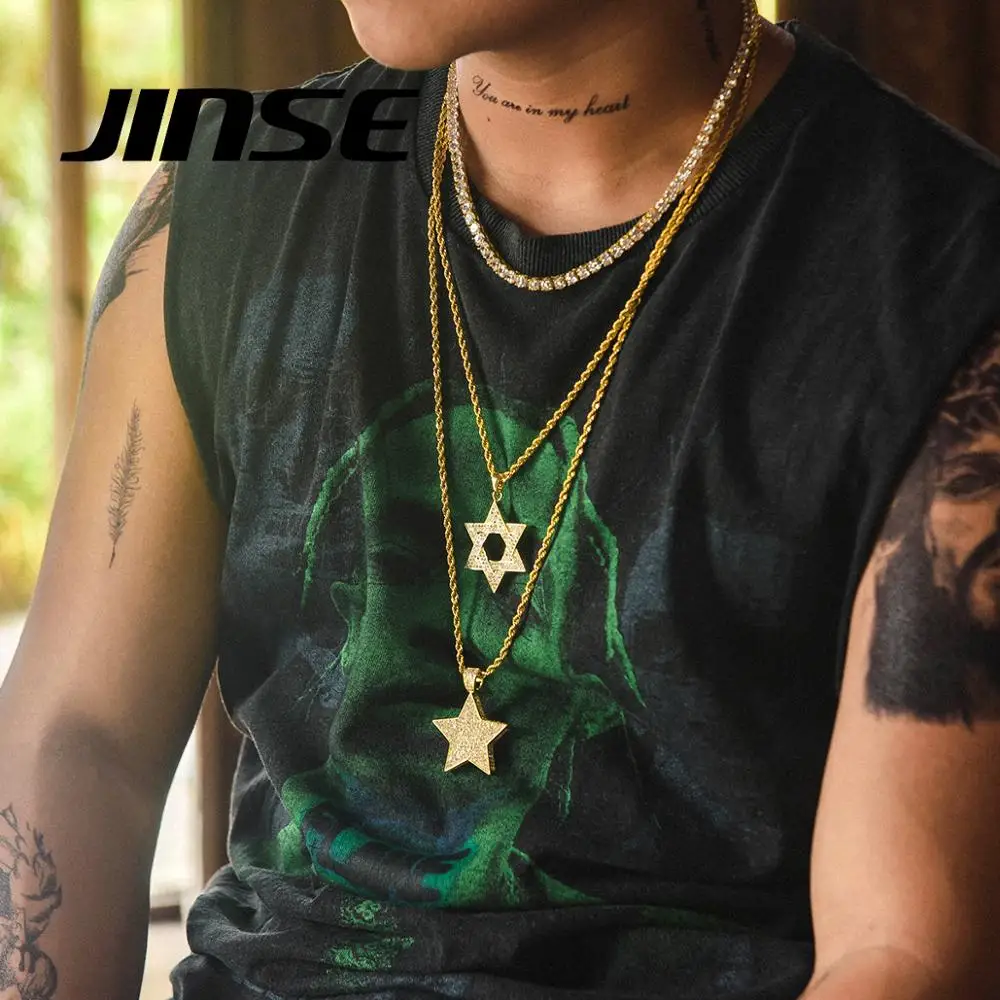 JINSE AAA Cubic Zirconia Bling Neck Chain Hip Hop Star of David Hexagram Pendant Necklace for Men Rapper Punk Party Jewelry Gift