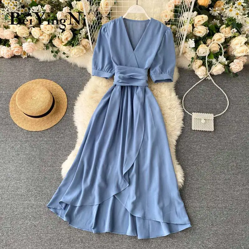 Beiyingni Women Summer Chiffon Dress Ruffles Solid Color Sashes Irregular Casual Korean Midi Dreses Short Sleeve Vintage Vestido