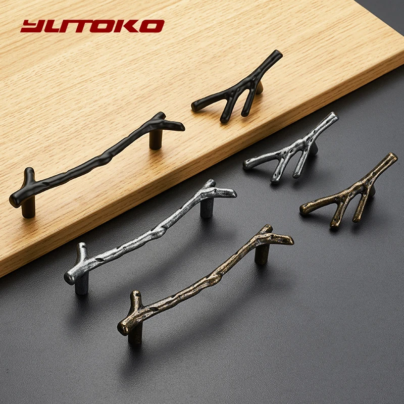 YUTOKO Knobs Door Pulls Hardware Fashion Tree Branch Furniture Handle 96mm 128mm Black Silver Bronze Kitchen Cabinet Handles