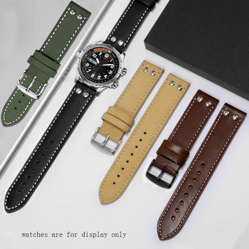 Yopo 20 22mm Genuine leather strap  black army green khaki brown with nail bracelet Replacement belt for men\'s watch accessories