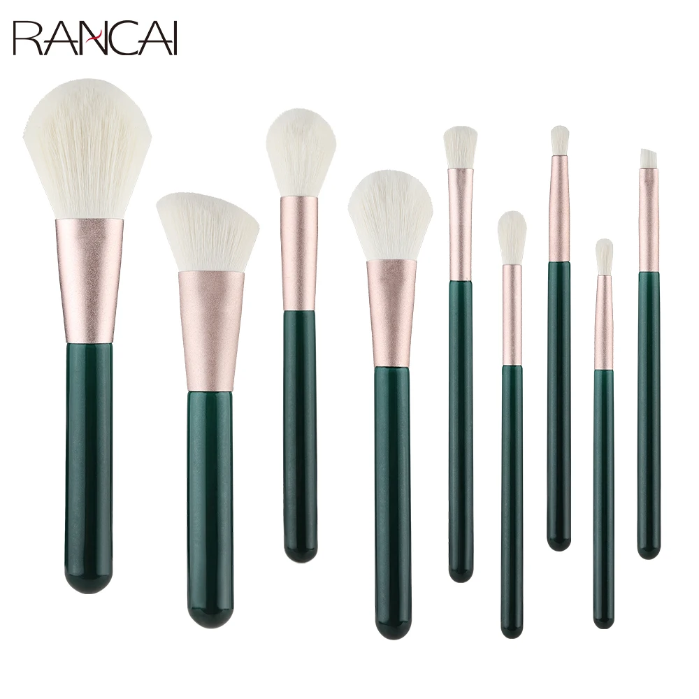 RANCAI 9pcs Makeup Brush Set Green Profession Powder Foundation Concealer EyeShadow Blush Blending Make Up Beauty Cosmestic Tool